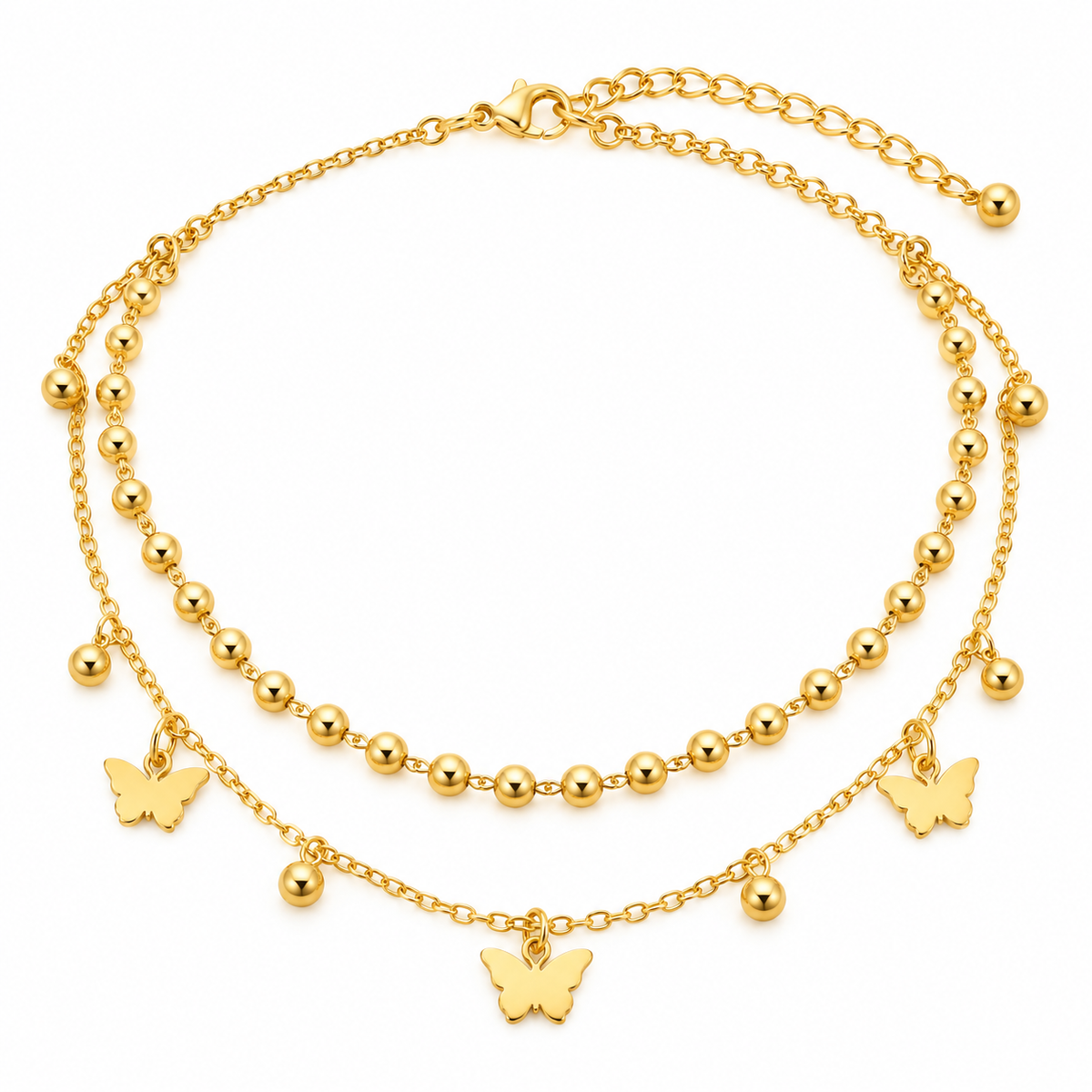 Gold-Tone Double-Layer Beaded Butterfly Necklace