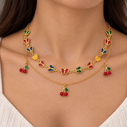 Gold-Tone Colorful Butterfly & Cherry Layered Necklace
