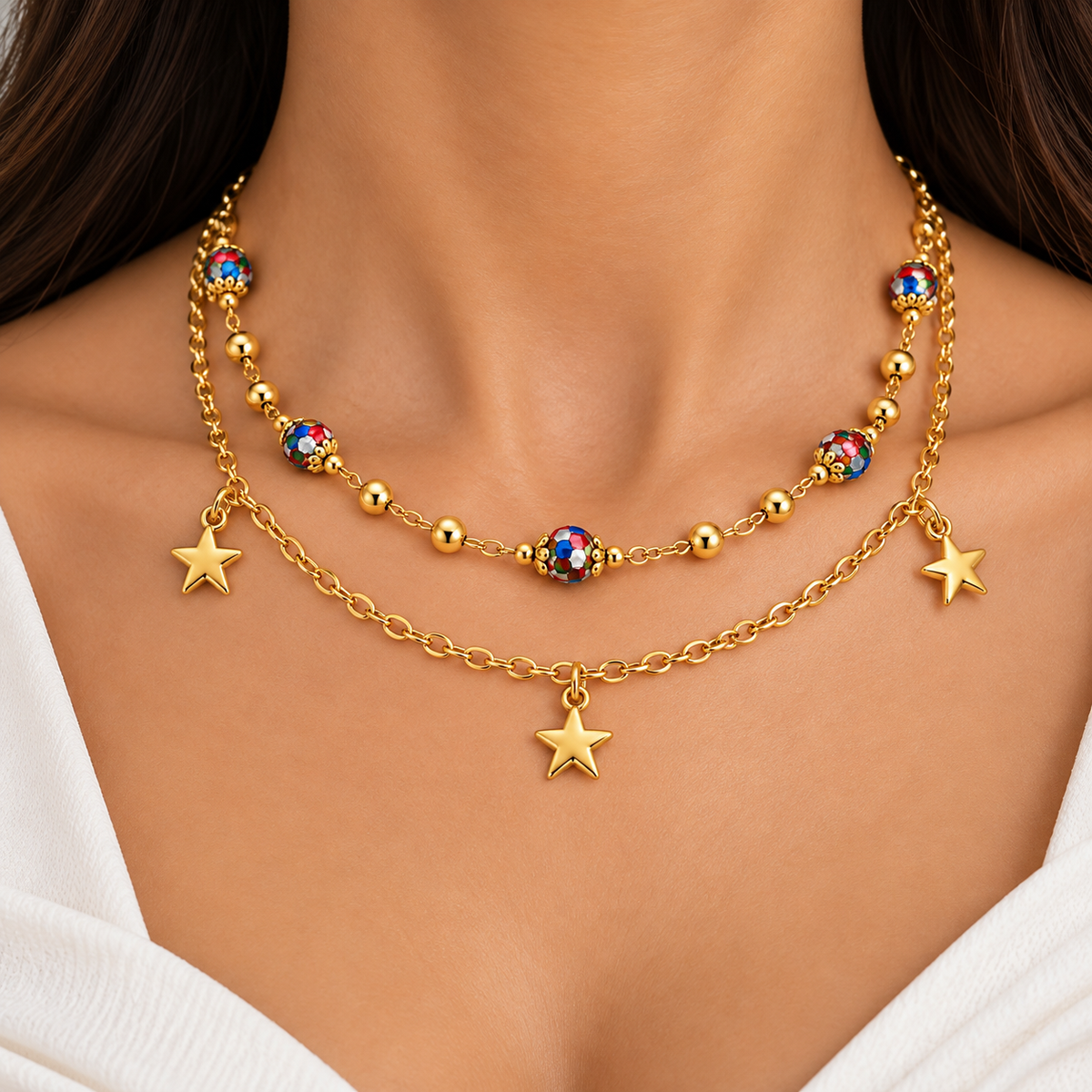 Gold-Tone Double-Layer Star & Colorful Beaded Necklace