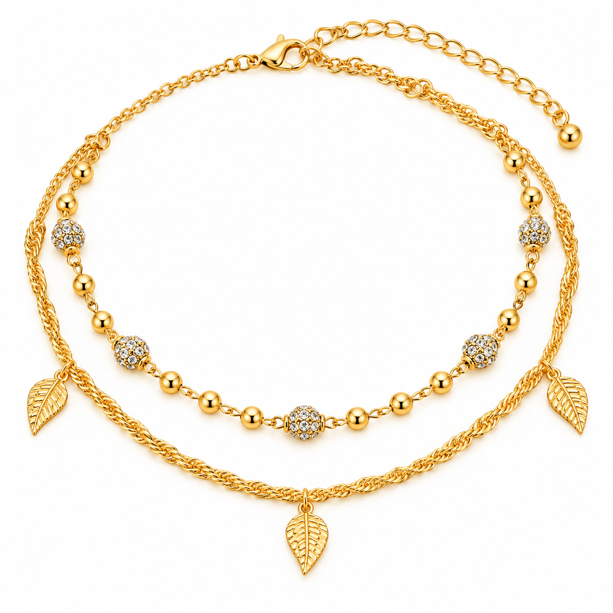 Gold-Tone Double-Layer Leaf & Crystal Bead Necklace