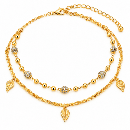 Gold-Tone Double-Layer Leaf & Crystal Bead Necklace