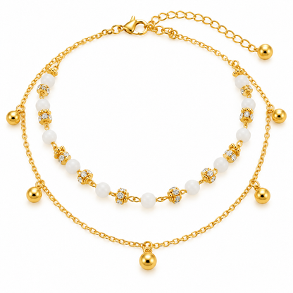 Gold-Tone Double-Layer White Beaded & Crystal Necklace
