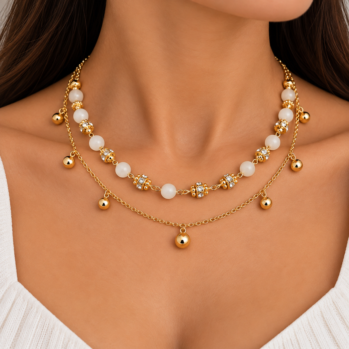 Gold-Tone Double-Layer White Beaded & Crystal Necklace