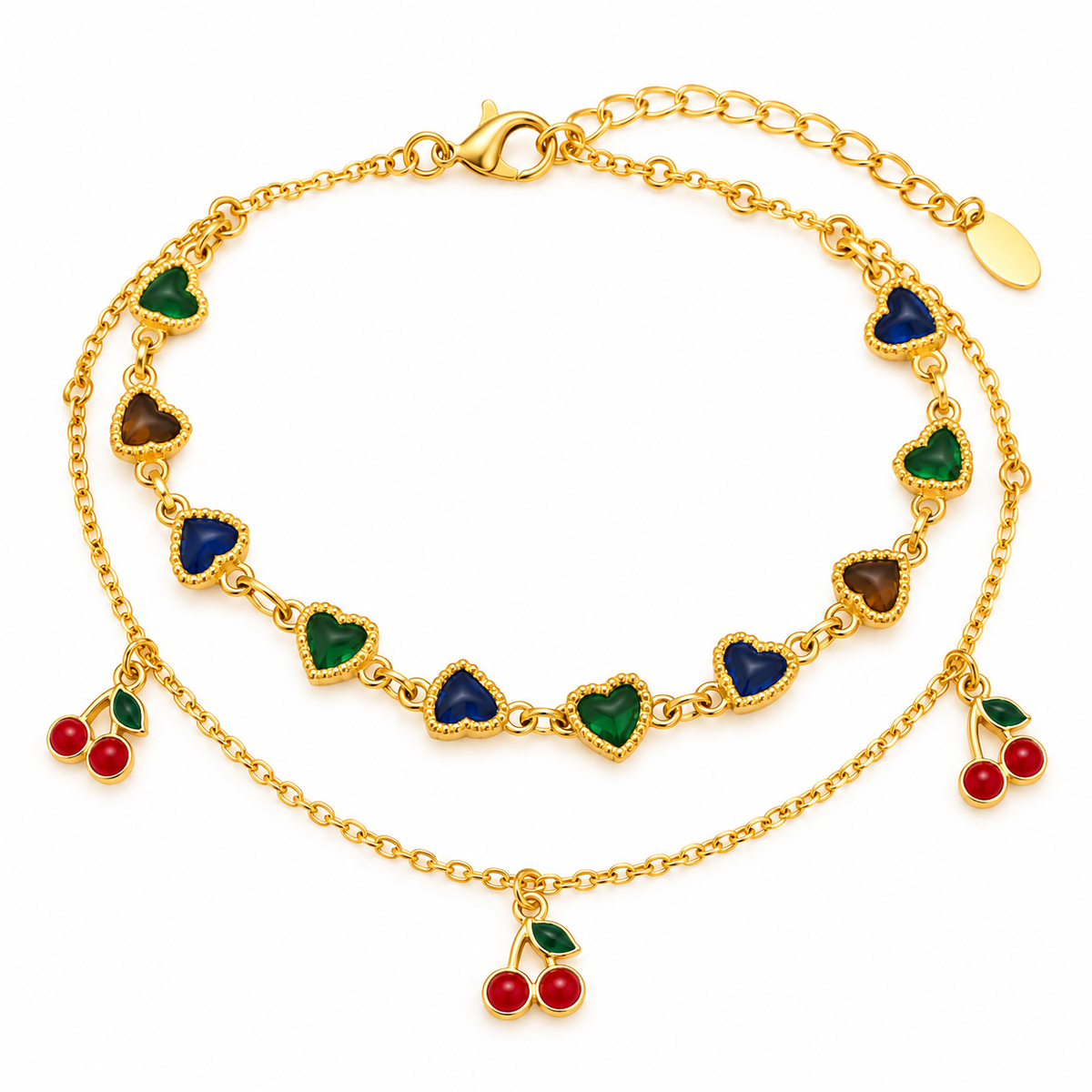 Gold-Tone Double-Layer Colorful Heart & Cherry Necklace