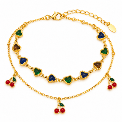 Gold-Tone Double-Layer Colorful Heart & Cherry Necklace