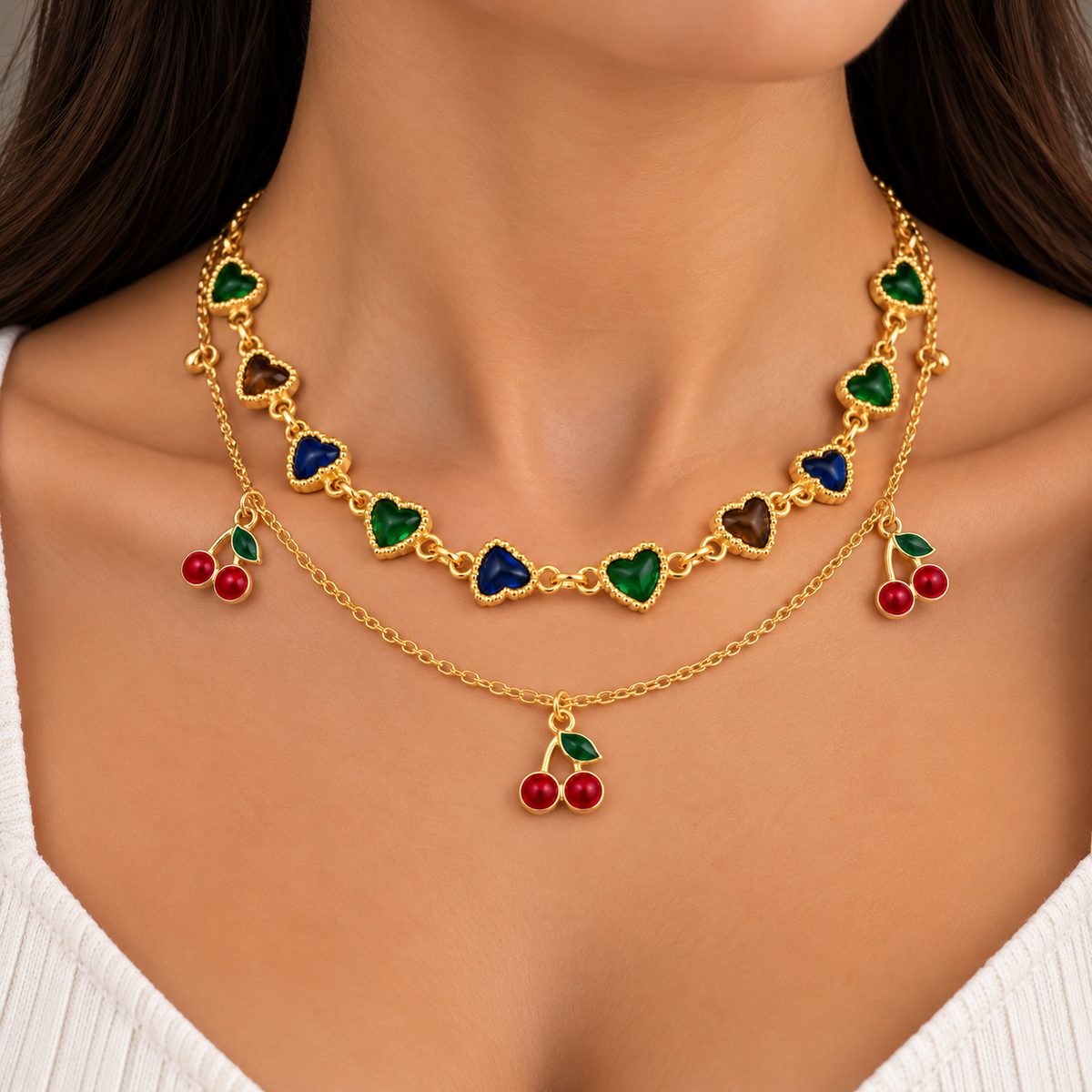 Gold-Tone Double-Layer Colorful Heart & Cherry Necklace