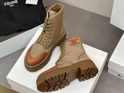 BOTTINE LACÉE CELINE BULKY NYLON & CUIR DE TAUREAU BRILLANT