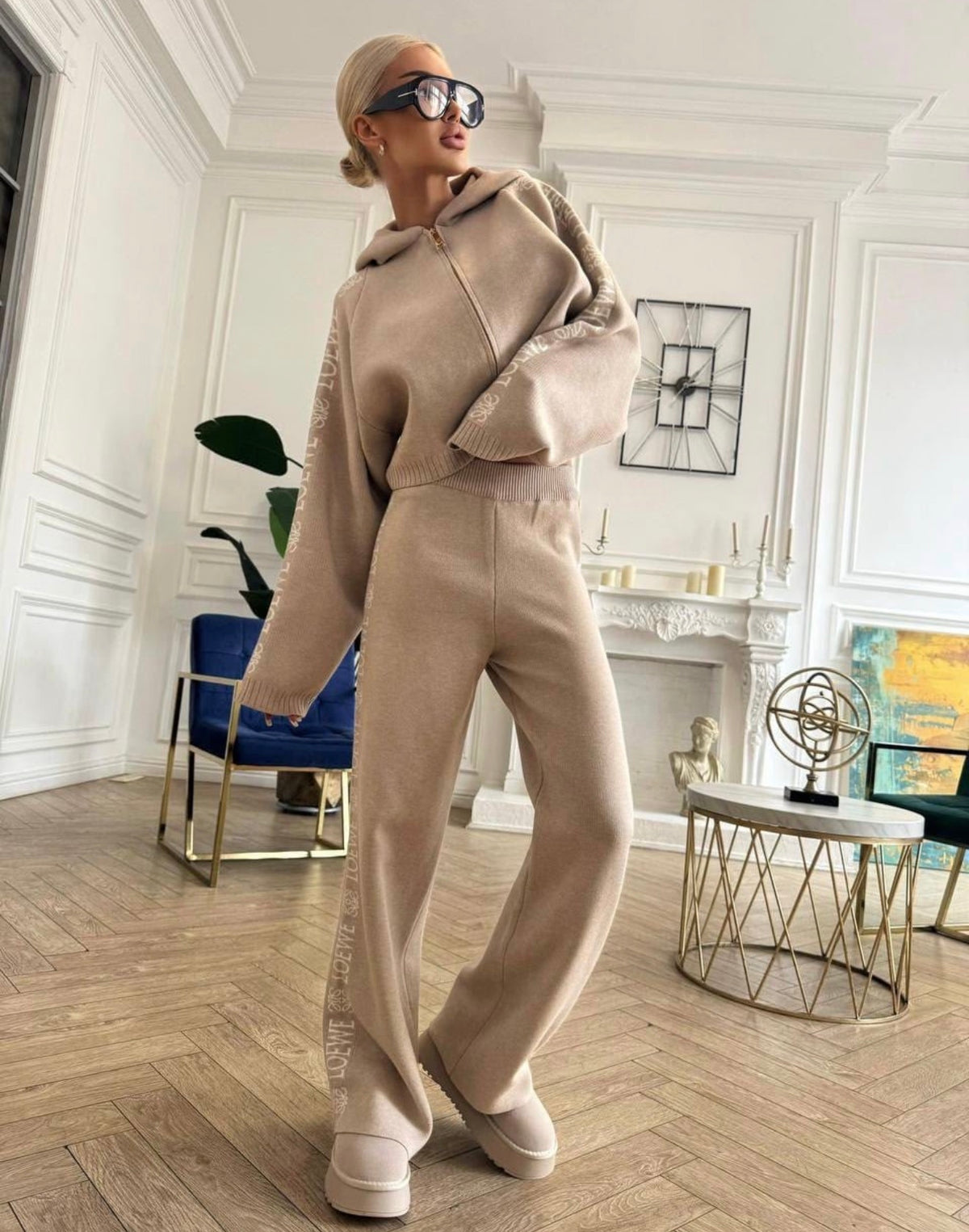 Elegant Beige Knit Hoodie & Wide-Leg Pants Set