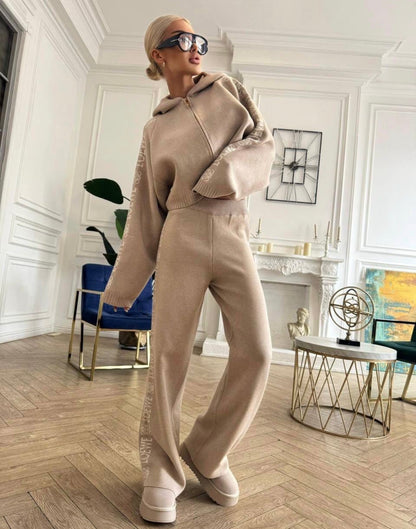 Elegant Beige Knit Hoodie & Wide-Leg Pants Set