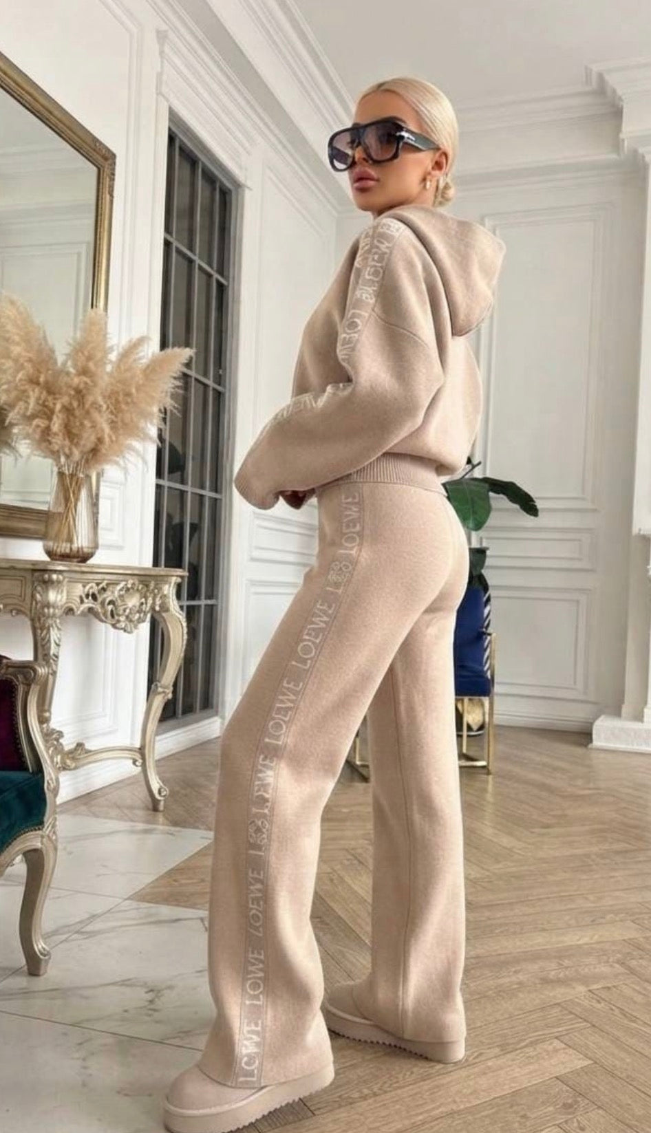 Elegant Beige Knit Hoodie & Wide-Leg Pants Set