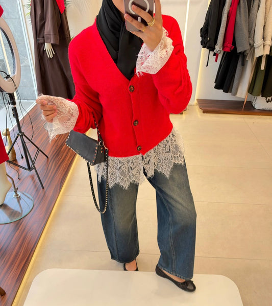 Red Knit Cardigan with Lace Blouse & Wide-Leg Denim Jeans