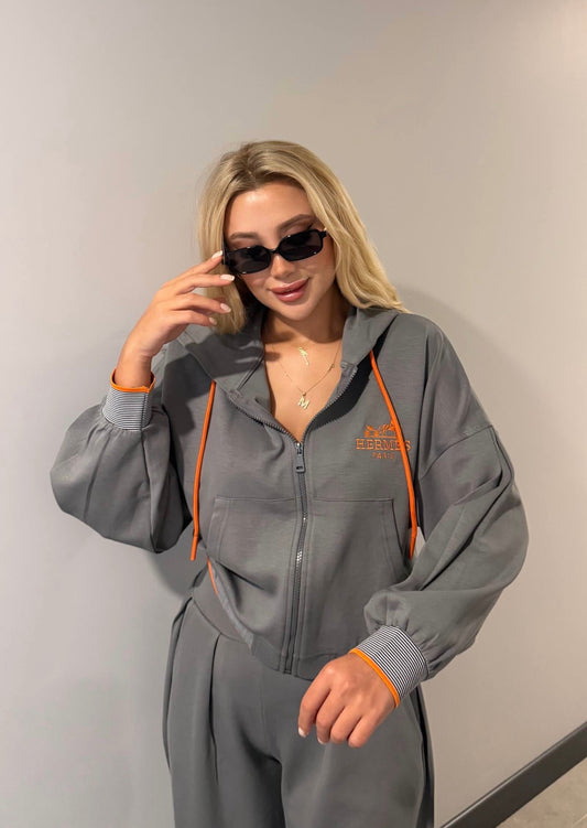 Grey Hermès-Style Zip-Up Hoodie & Wide-Leg Sweatpants Set