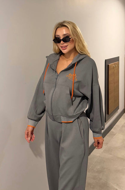 Grey Hermès-Style Zip-Up Hoodie & Wide-Leg Sweatpants Set
