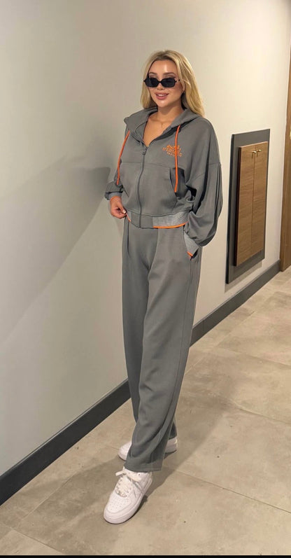 Grey Hermès-Style Zip-Up Hoodie & Wide-Leg Sweatpants Set