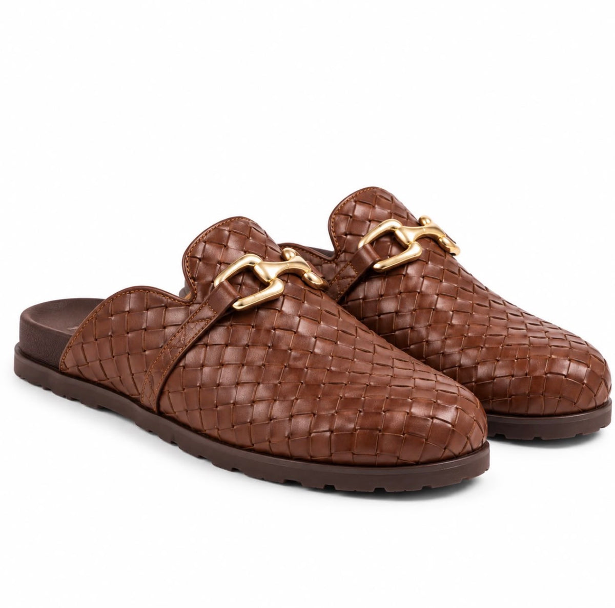 Woven Leather Gold-Detail Backless Loafers