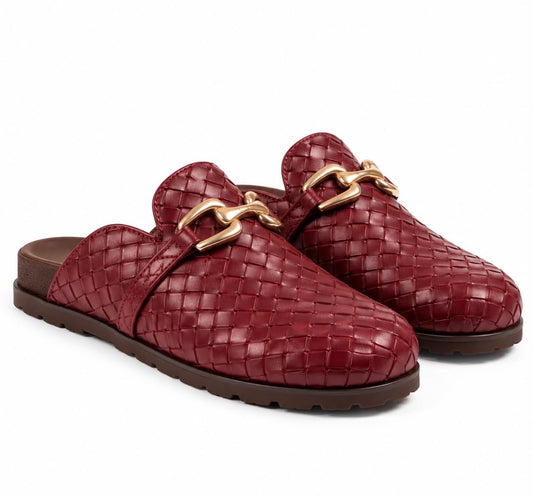 Woven Leather Gold-Detail Backless Loafers
