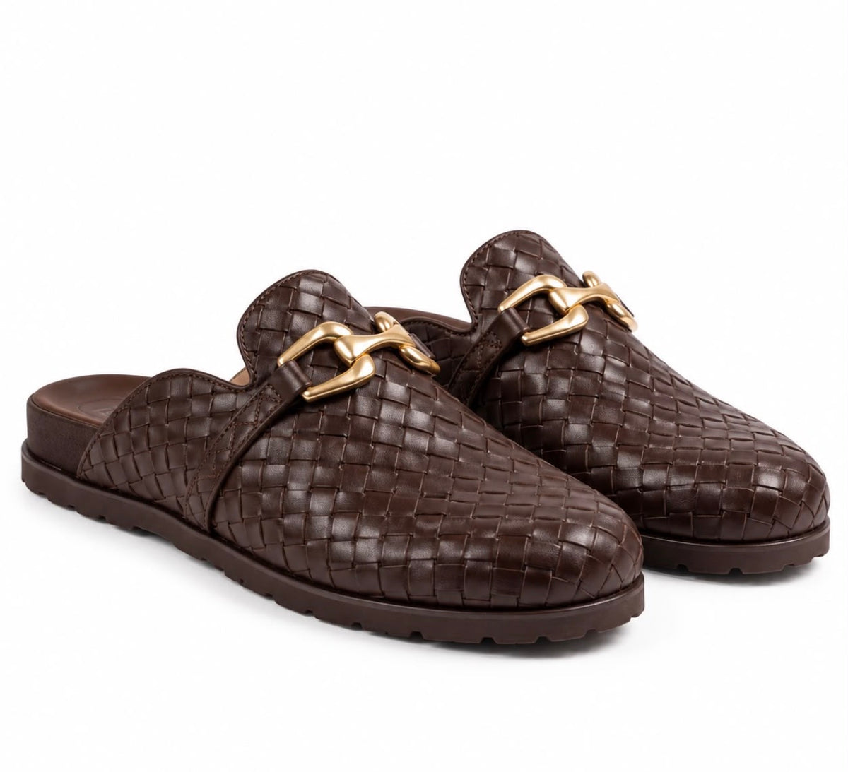 Woven Leather Gold-Detail Backless Loafers
