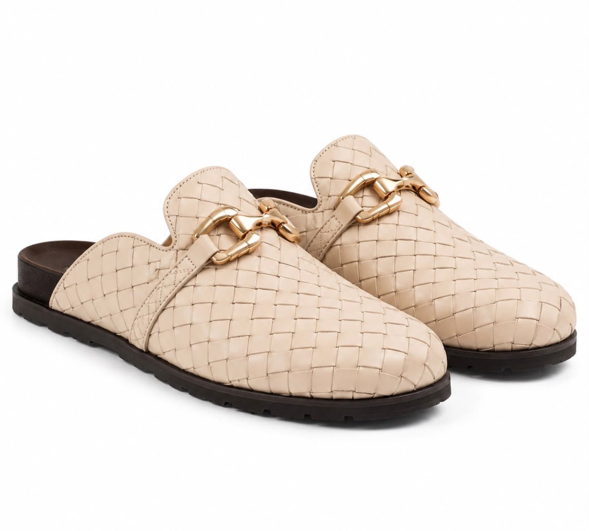 Woven Leather Gold-Detail Backless Loafers