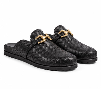 Woven Leather Gold-Detail Backless Loafers